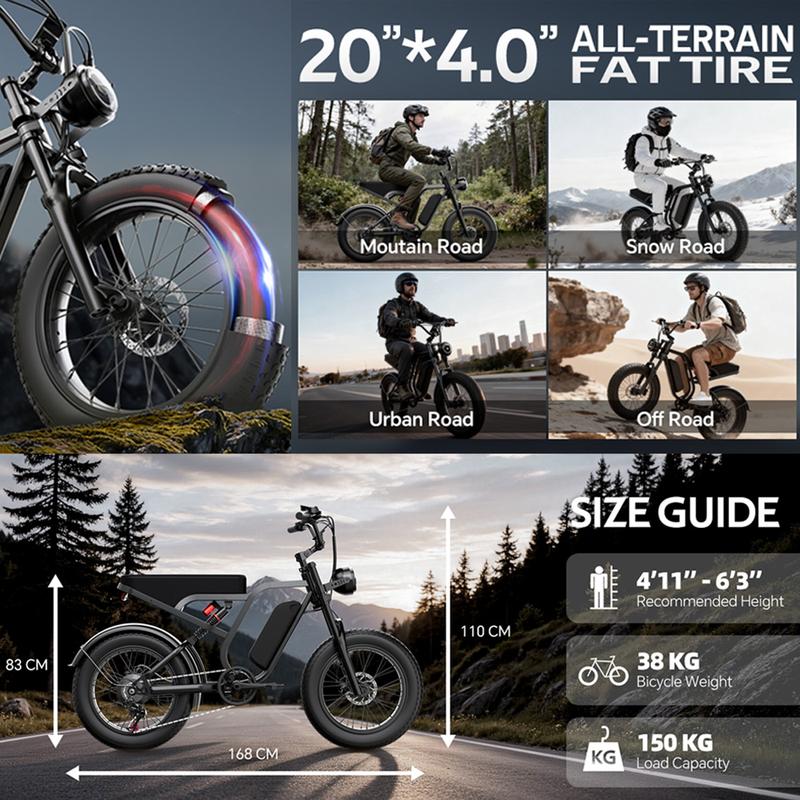 Bicicleta eléctrica todoterreno de 1500 W | Suspensión completa | Velocidad máxima 55 km/h | Autonomía de más de 64 km | Batería extraíble de 48 V y 15 Ah | Faros LED | Neumáticos anchos todoterreno de 20 pulgadas | Bicicleta eléctrica con certificación U