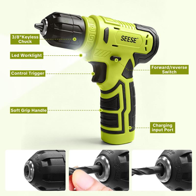 Juego de herramientas SEESE de 126 piezas: kit con taladro atornillador inalámbrico de 8 V con estuche de almacenamiento, herramientas eléctricas para bricolaje para trabajos de cercas, decoración del hogar, montaje de muebles y reparaciones cotidianas.