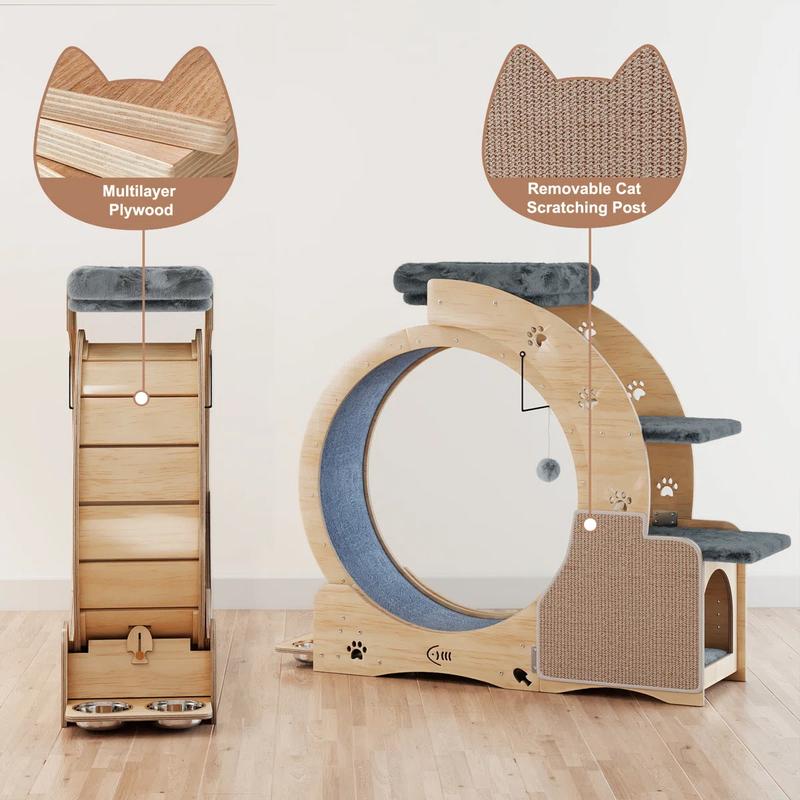 NAVINE Rueda de ejercicio para gatos de 40" para gatos de interior, cinta de correr para gatos con nido, rueda con cierre de seguridad, rascador, casita, escalera y comedero.