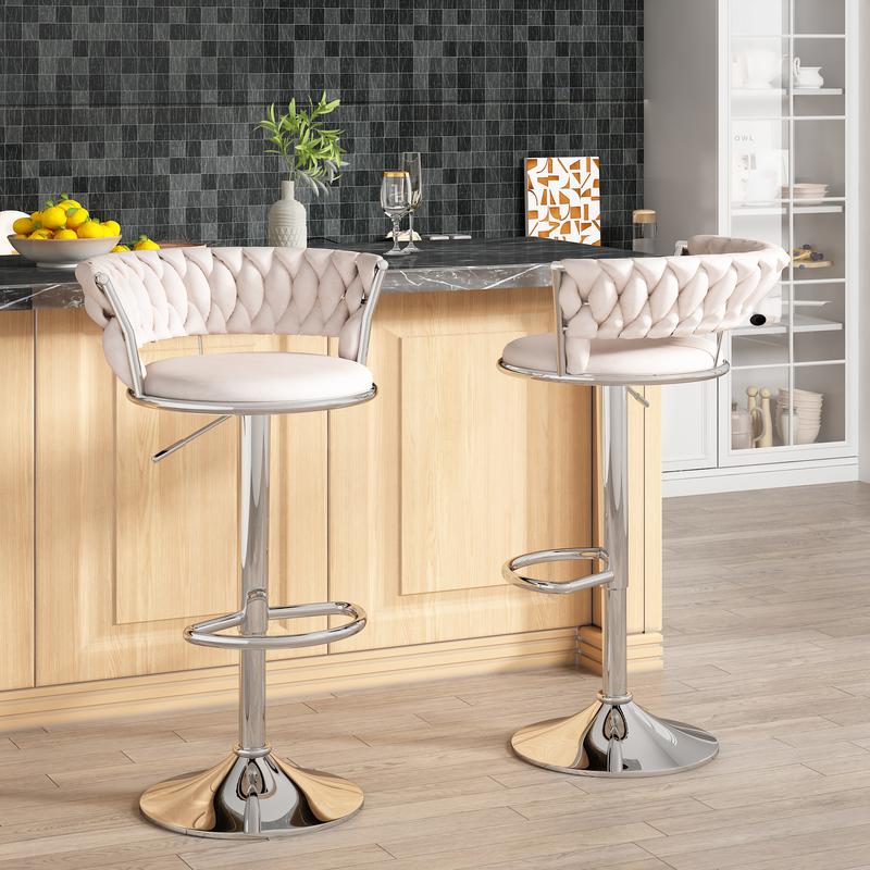 Juego de 2 taburetes de bar de terciopelo, sillas de bar minimalistas con altura ajustable, sillas tapizadas para isla de cocina, beige, negro, gris summergarden
