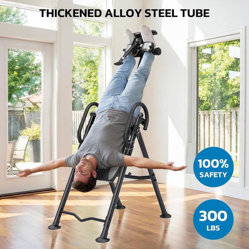 Mesa de inversión para aliviar el dolor de espalda y la ciática cervical, capacidad de peso de 136 kg (300 lbs) con soporte lumbar, cómodos soportes para tobillos, fácil de ensamblar. Máquina estiradora de espalda.
