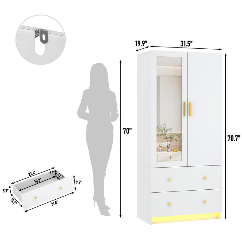 Armario moderno de 2/3 puertas con espejo, 2 cajones y luces LED RGB, armario con barra para colgar ropa para almacenamiento en el dormitorio, artículos esenciales para dormitorios, decoración del hogar