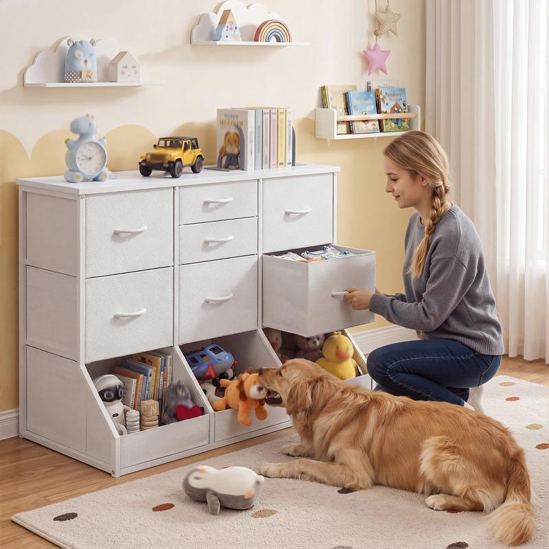 Organizador de almacenamiento Raybee de 99 cm de ancho con 7 cajones con cierre, 3 cajones con diseño de apertura espaciosa, estantería alta y librería para niños y niñas, cómoda moderna, mueble para el hogar que ahorra espacio para sala de juegos, aula, 