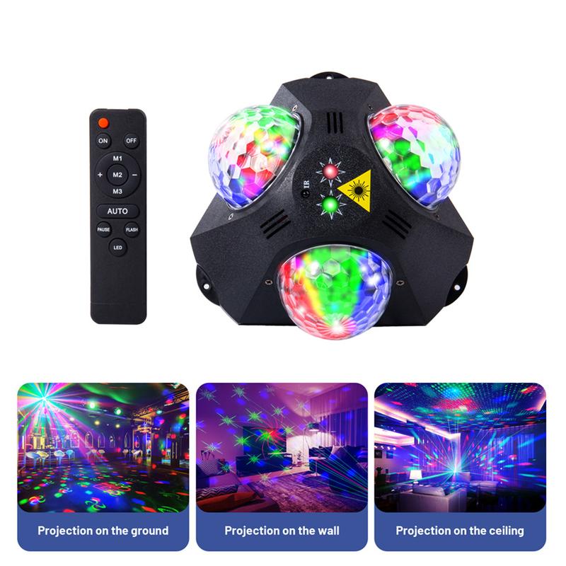 Luces de fiesta disco 4 en 1, 3 luces de discoteca RGB + luces estroboscópicas con patrón rojo y verde para fiestas en casa, habitaciones, bailes, cumpleaños, karaoke, Halloween, Navidad, bodas, espectáculos, clubes, decoración, luces de fiesta, luces de 