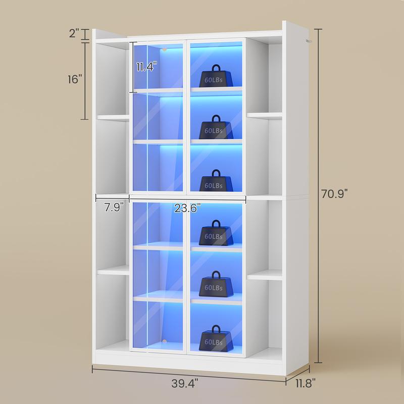 Vitrina expositora Sedeta de 162 cm (64") con puertas de cristal acrílico - Mueble alto de 6 niveles, luces LED, estantes ajustables, estética moderna y glamurosa, fácil montaje, decoración para sala de estar/oficina, decoración de habitaciones, decoració