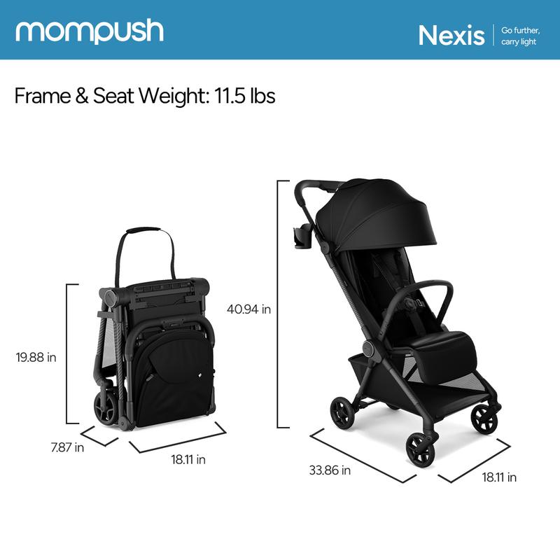 Cochecito de viaje Mompush Nexis Carbon, ultraligero (6,3 kg), compacto y apto para llevar en el avión, plegado automático en un segundo, reclinado completo con una sola mano, desde el nacimiento hasta los 22,7 kg, certificado por JPMA, color verde bosque