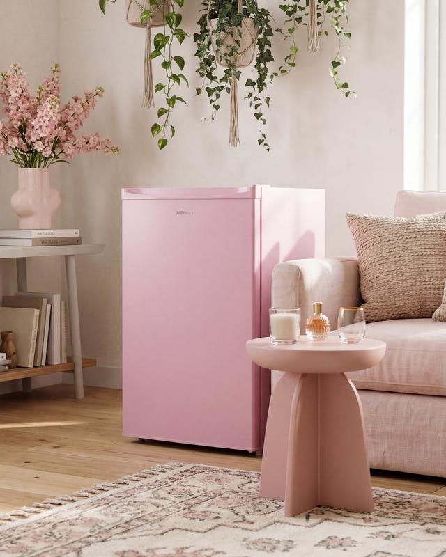Mininevera Upstreman de 90 litros con congelador - Nevera de viaje compacta de una puerta, estantes de plástico, modelo BR321 de alta eficiencia, termostato ajustable, silenciosa, de bajo consumo energético para dormitorios, con un servicio al cliente fia