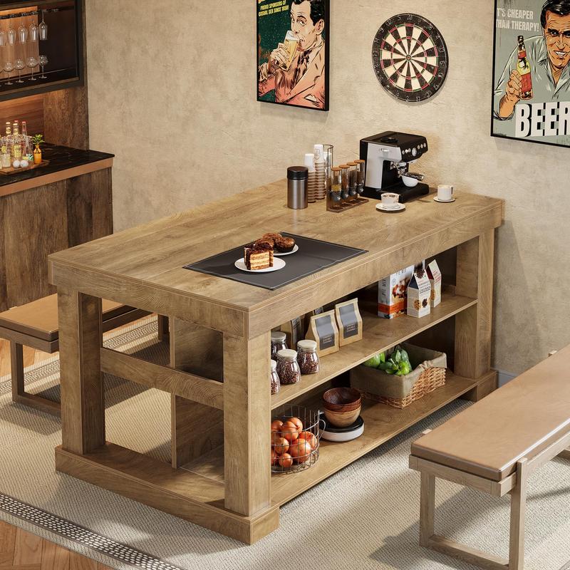 Isla de cocina Tribesigns color marrón claro con 3 estantes, estilo rústico, 140 cm de ancho, fácil de ensamblar.