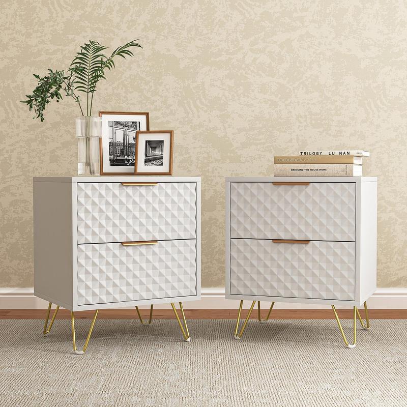 2 mesitas de noche modernas de 2 cajones - Almacenamiento para dormitorio, exquisitas y duraderas mesitas de noche con patas de metal dorado, muebles para sala de estar, muebles para habitación