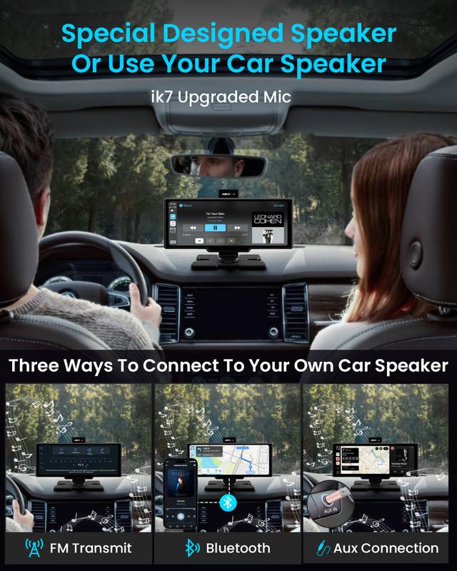 Autoestéreo portátil de 10 pulgadas con cámara de salpicadero 4K y cámara de marcha atrás 1080P – Apple CarPlay inalámbrico, Android Auto, 64 GB de almacenamiento, navegación GPS, control por voz, reproducción de música, Mirror Link, tarjeta de memoria in