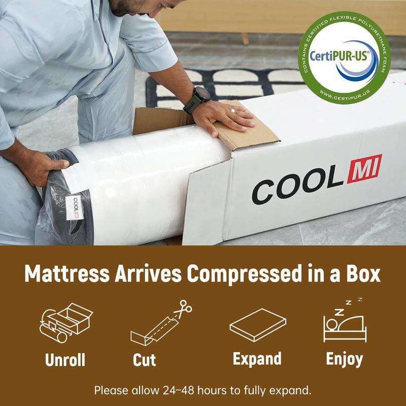 Colchones híbridos COOLMI de 12/14 pulgadas en caja con resortes ensacados Comfort Pocket Coils, espuma viscoelástica, alivio de presión y aislamiento de movimiento, certificación CertiPUR-US, tamaño individual/doble/queen/king. Sin fibra de vidrio. Sueño