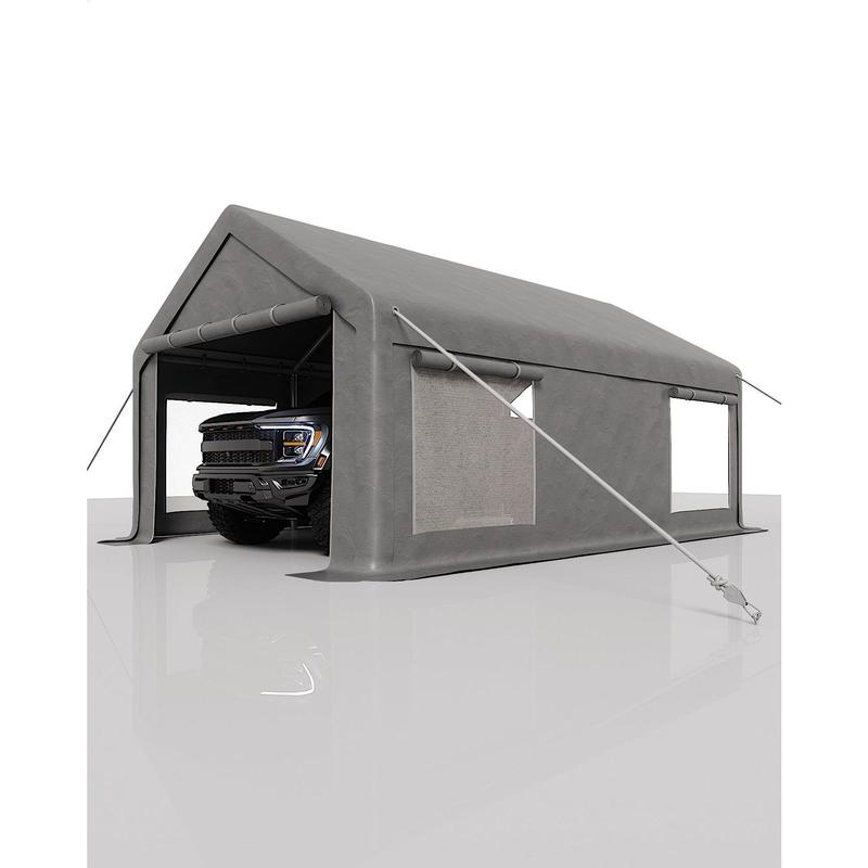 Cochera/garaje portátil resistente de 3,6 x 6 m, toldo de lona de PE de 200 g con 2 puertas enrollables y 4 ventanas, refugio de almacenamiento exterior para camionetas, SUV, barcos y eventos, disponible en caqui, gris y blanco.