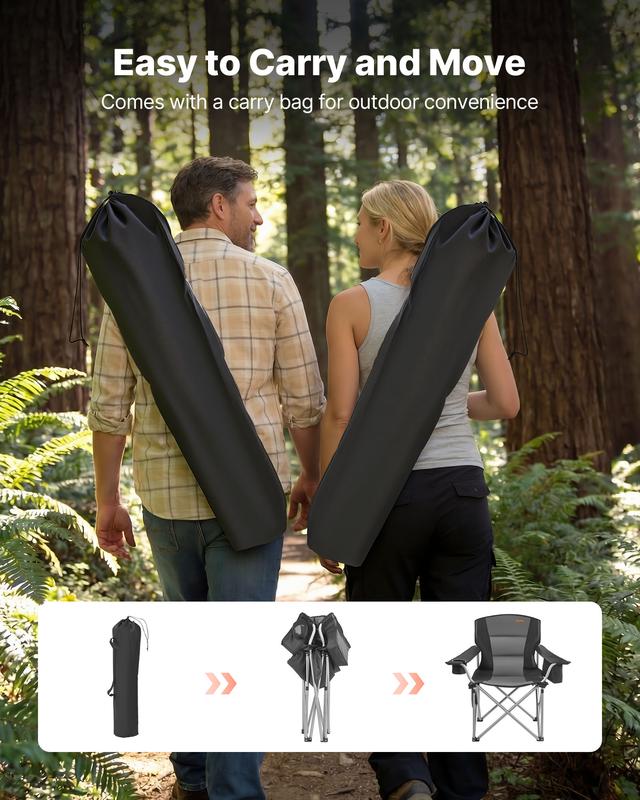Sillas plegables extragrandes para camping VEVOR, paquete de 2, estructura metálica resistente de 204 kg, respaldo y reposabrazos acolchados de algodón resistente a la abrasión, portavasos, bolsillo lateral, bolsa térmica, bolsa de transporte para pesca a