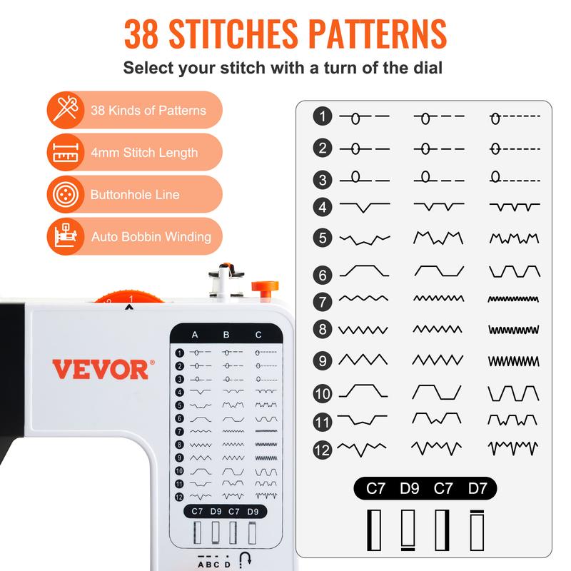 Máquina de coser VEVOR portátil para principiantes con 38 puntadas incorporadas y costura inversa. Máquina de coser de doble velocidad con mesa de extensión y pedal. Kit de accesorios. Ideal para el hogar y los viajes.