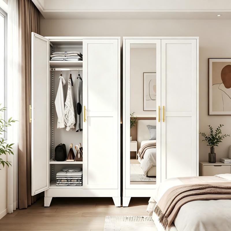 Armario metálico para ropa con espejo, armario de 180 cm con 2 puertas con espejo, estantes ajustables y barra para colgar ropa para dormitorio.
