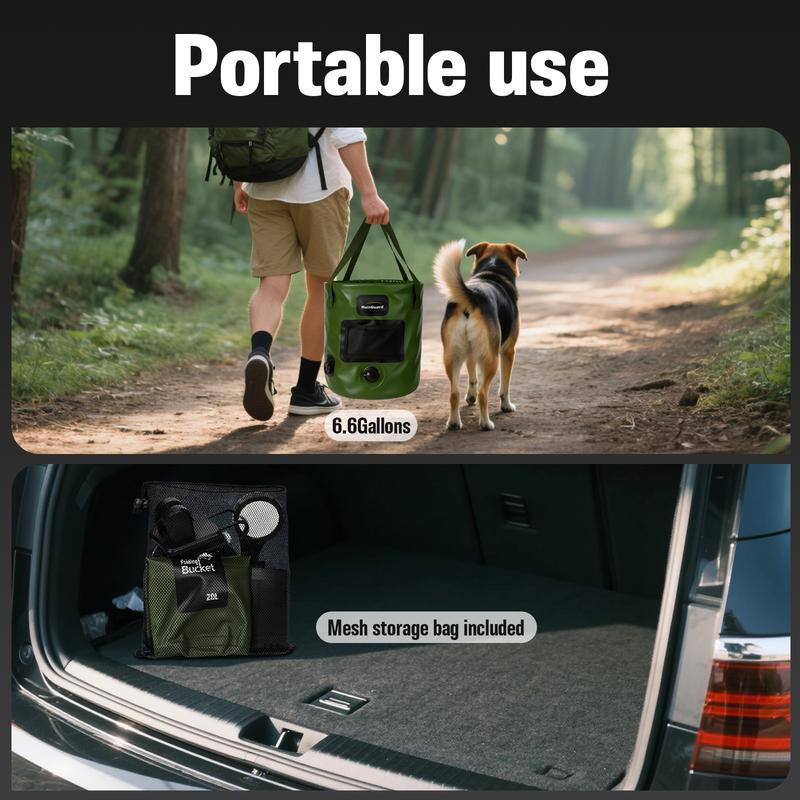 Ducha portátil para exteriores con bomba recargable de 6000 mAh, pantalla LED, cabezal ajustable de 3 modos con filtro PP, ventosas y cubo plegable de 5 galones: suministros esenciales para acampar, senderismo, viajes y lavado de autos.