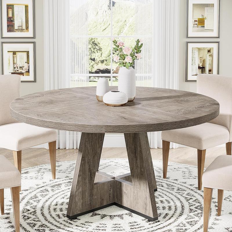 Mesa de comedor redonda de 119 cm para 4 personas - Madera de ingeniería de alta calidad, fácil de limpiar, impermeable, duradera, sillas no incluidas. Modo mesa con pedestal.