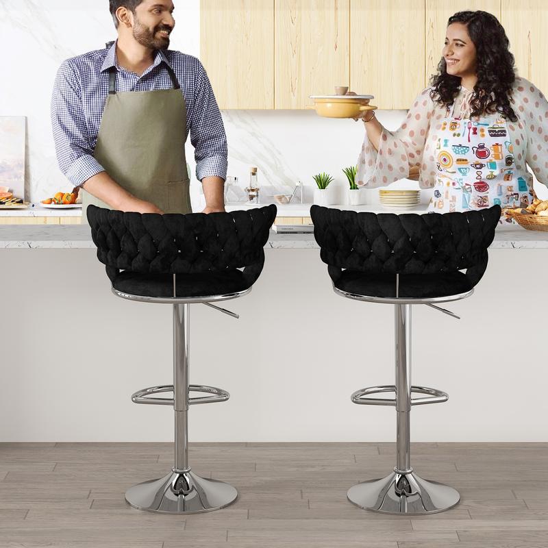 Juego de 2 taburetes de bar de terciopelo, sillas de bar minimalistas con altura ajustable, sillas tapizadas para isla de cocina, beige, negro, gris summergarden