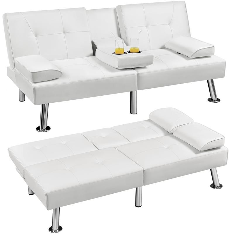 【Mayor área para dormir】Sofás y cama futón convertibles modernos de piel sintética Yaheetech con 2 cojines decorativos y portavasos abatibles, sofá futón ajustable 3 en 1