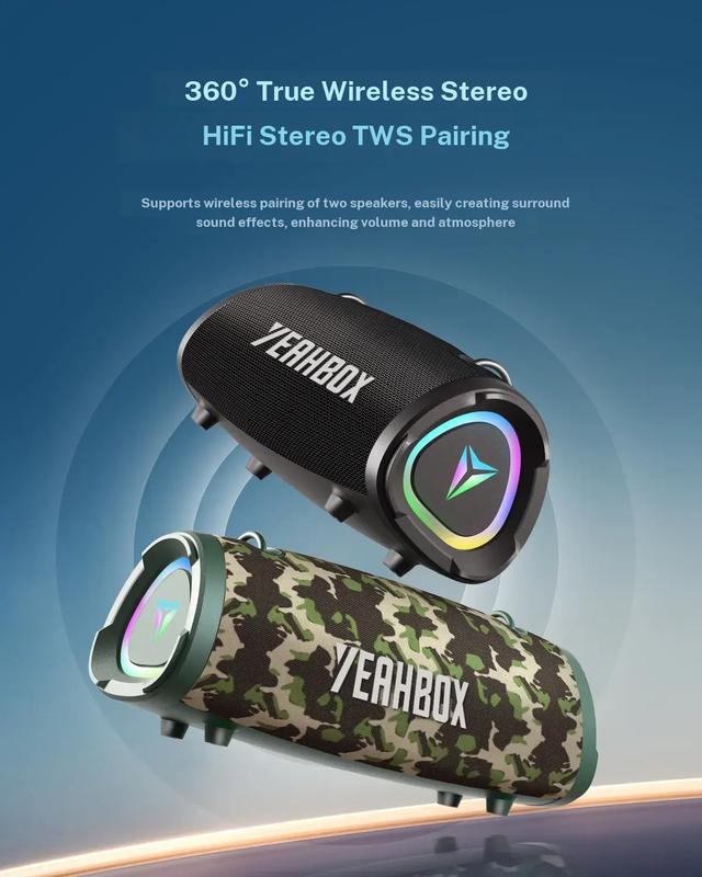 Altavoz Bluetooth inalámbrico portátil - 100 W (120 W de pico) Audio estéreo, resistente al agua IP67, luces RGB, carga mediante power bank de 9000 mAh, DSP dual, correa para el hombro para camping y fiestas.