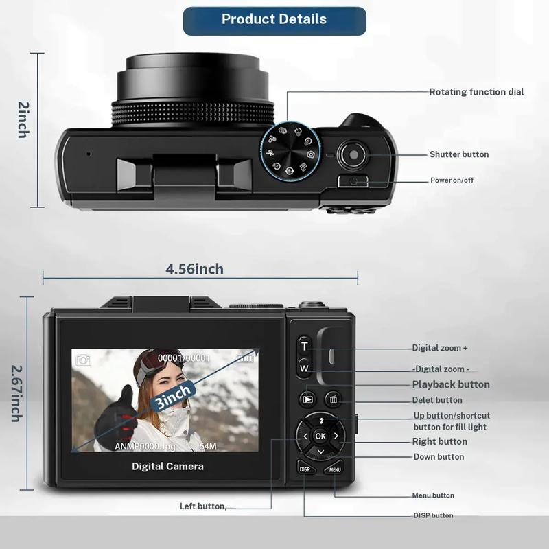 Cámara digital 4K para fotografía con 64 MP, pantalla abatible de 3 pulgadas y 180°, zoom digital de 18x, tarjeta Micro SD de 32 GB, 2 baterías, ideal para regalar.