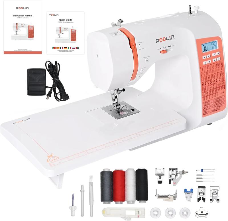 Máquina de coser electrónica PooLin EOC02RE, ideal para principiantes, modelo doméstico multifuncional con puntada invisible, opciones alfabéticas para costura DIY, puntadas incorporadas.