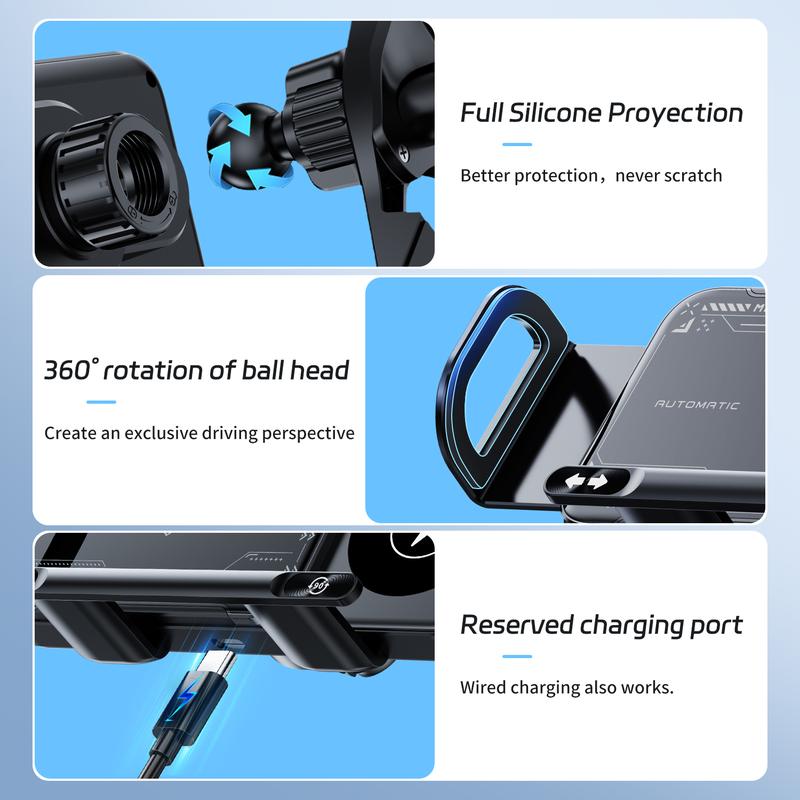 Soporte inalámbrico para teléfono móvil para coche, compatible con pantallas plegables y smartphones universales. Soporte giratorio de 90° con potencia de salida de 15 W. Soporte para teléfono móvil para rejilla de ventilación súper estable con clip de ga
