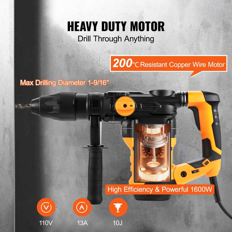 Taladro percutor rotativo VEVOR con cable, 1-9/16" (3 modos), martillos cinceladores SDS-MAX, herramienta de perforación, juego de taladro eléctrico, regalos para el día del padre
