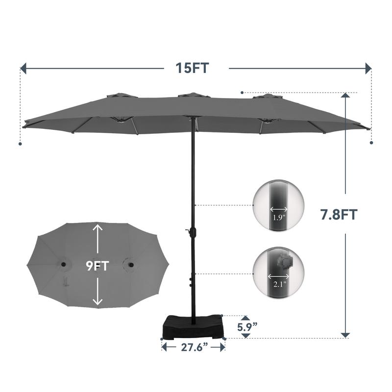 [Ambiente veraniego] Sombrilla de patio extragrande de 4,5 m con doble cara, base y luces LED - Estructura de acero grande, protección UV, base metálica incluida, manivela práctica