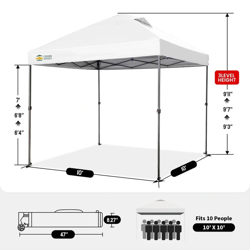 Toldo plegable CROWN SHADES de 3x3 metros - Toldo instantáneo para exteriores con cierre central patentado y un solo botón, tienda de playa con bolsa STO-N-Go, 8 estacas y 4 sacos de arena, color blanco, conjunto de muebles de exterior