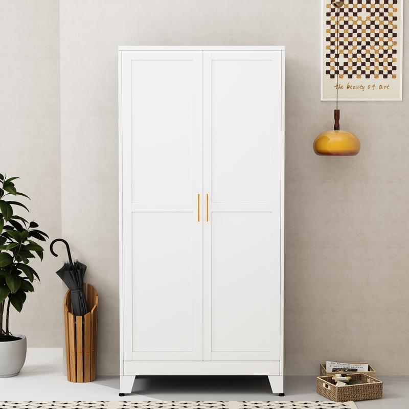 Armario metálico para ropa con espejo, armario de 180 cm con 2 puertas con espejo, estantes ajustables y barra para colgar ropa para dormitorio.