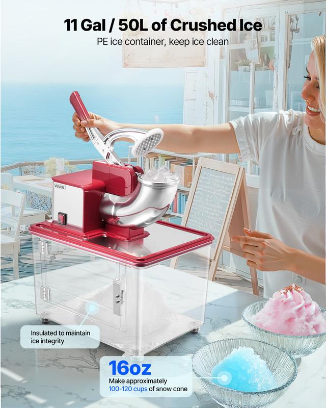 VEVOR Trituradora de hielo comercial 661LBS/H, máquina eléctrica de cono de nieve de 350 W con 4 cuchillas, máquina de hielo raspado de acero inoxidable de 2000 RPM con caja de hielo triturado de 11 gal, para restaurantes familiares, bares, rojo