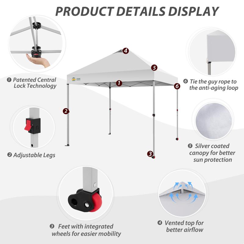 Toldo plegable CROWN SHADES de 10x10 pies, toldo con cierre central patentado de un solo empujón, bolsa de almacenamiento de nuevo diseño, 8 estacas, 4 cuerdas, decoración para el hogar, artículos esenciales para acampar, toldo para el jardín.