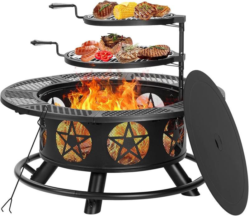 Juego de fogata metálica resistente Outvue de 36/42 pulgadas - Quema de leña, 2 parrillas de llama abierta, tapa y atizador, mesa segura para exteriores para barbacoa, reuniones en el patio, artículos para exteriores para adultos, fiesta