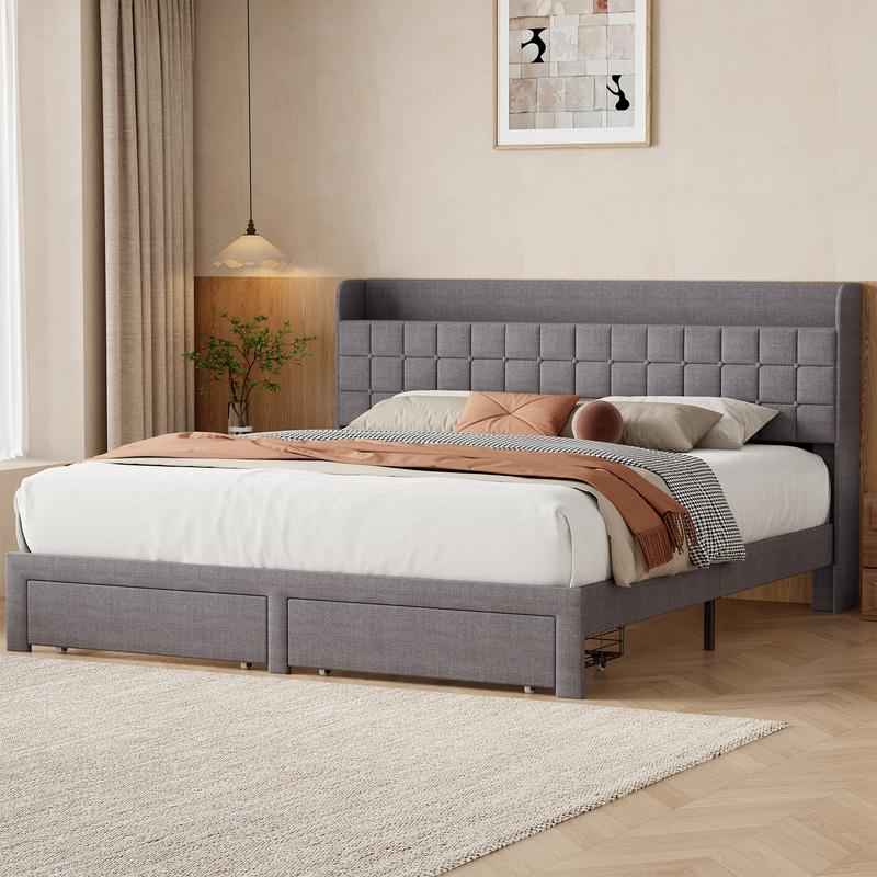 Estructura de cama híbrida resistente de metal tapizado con cabecero de tela - Tamaño Queen/King, 2 cestas de almacenamiento de metal, fácil montaje, decoración contemporánea para el hogar, muebles para apartamentos.