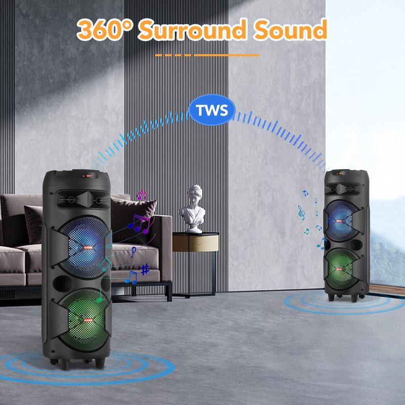 Altavoz inalámbrico doble de 8 pulgadas, sistema de altavoces portátil para fiestas, estéreo Bluetooth, woofer de 2x8", TWS, recargable, radio FM, control remoto, micrófono, iluminación LED y USB.