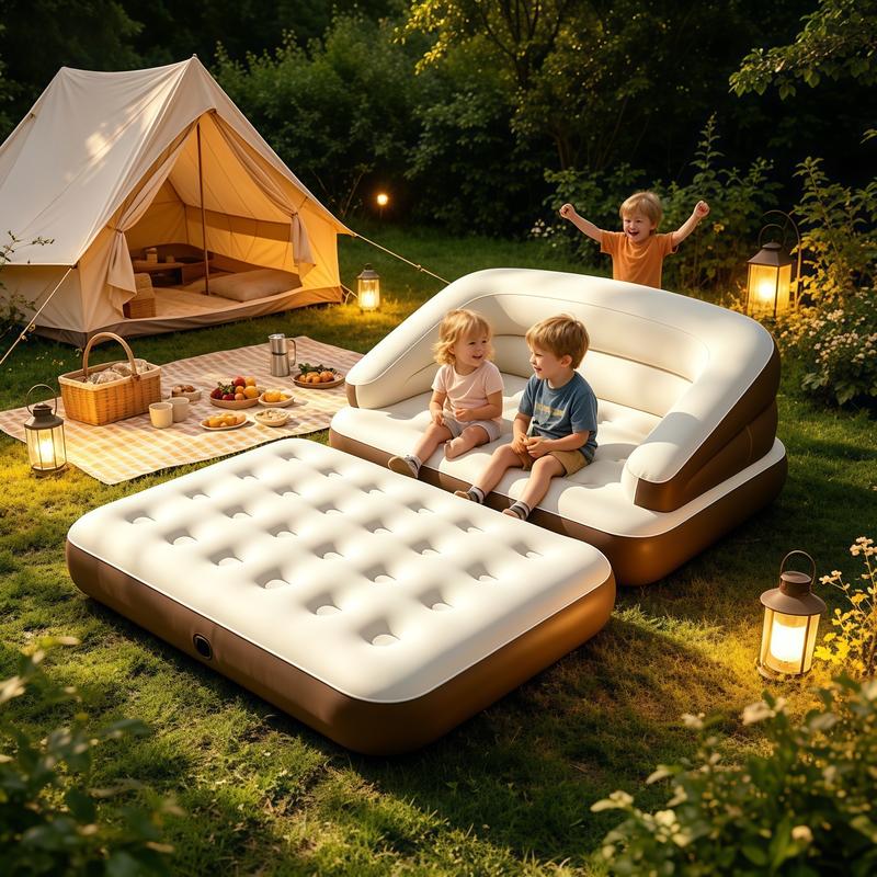 Sofá cama inflable convertible 5 en 1, tamaño individual, con respaldo alto y asiento profundo, portátil para acampar y viajar, incluye bomba de aire, diseño convertible 5 en 1, portátil y práctico.