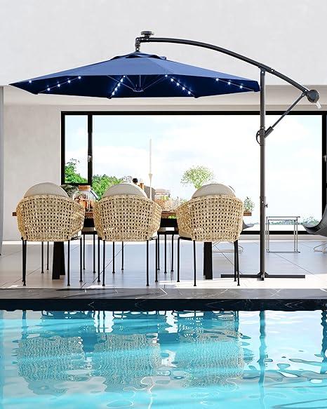Sombrilla de patio voladiza de 3 metros con inclinación infinita | Luces LED solares, base en cruz y gran sombrilla para exteriores, ideal para jardín, piscina o césped.