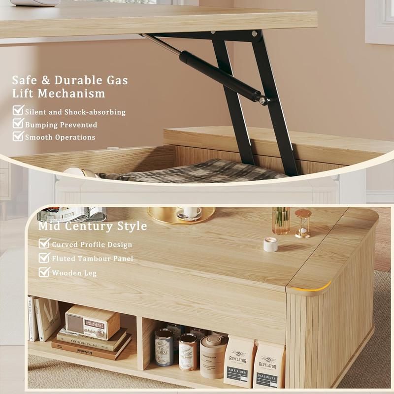 Mesa de centro elevable con almacenamiento, mesa de centro moderna de mediados de siglo de 104 cm con diseño de perfil estriado y curvo, compartimento de almacenamiento oculto, mesa de centro con estante inferior para sala de estar u oficina, roble.