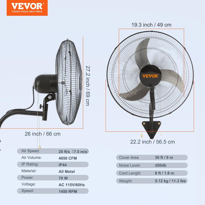 Ventilador oscilante de pared de 20 pulgadas, 3 velocidades, alta velocidad, máx. 4650 CFM, ventilador industrial de pared, comercial o residencial para almacén, invernadero, taller, patio, sótano, negro, ventilador de habitación ajustable, ventilador de