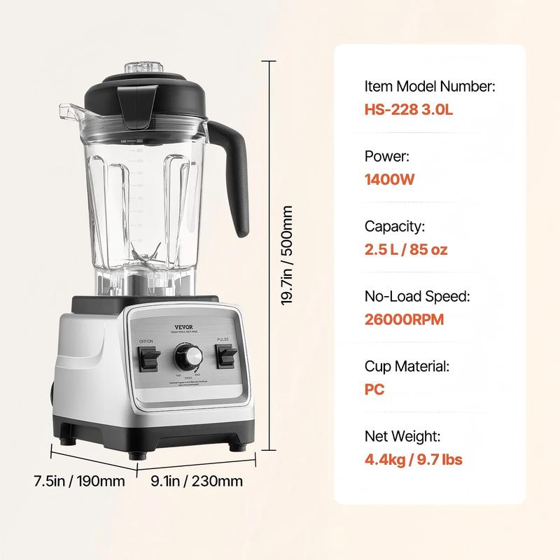 Licuadora profesional VEVOR con pantalla táctil y protector, máquina de jugo multifuncional comercial de mostrador, combo de 68 oz con acero inoxidable, 9 velocidades y juego de cuchillas silenciosas de 5 funciones, para batidos, smoothies, triturar hielo