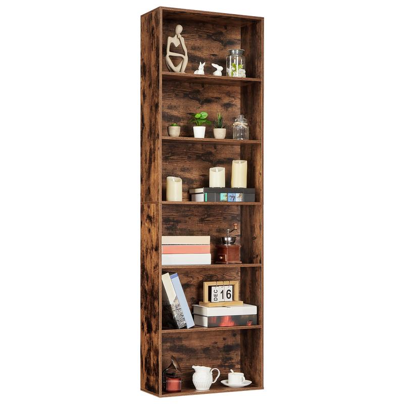 Librería alta de 6 baldas, librería de madera maciza con estilo rústico industrial para oficina en casa, organizador de almacenamiento resistente de 6 niveles para sala de estar.