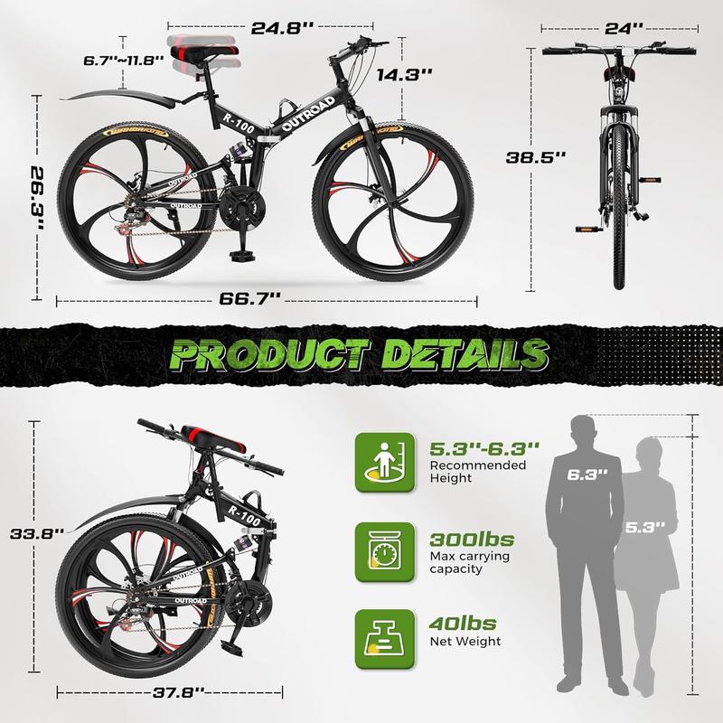 Bicicleta de montaña plegable unisex Outroad de 26 pulgadas - 21 velocidades, cuadro plegable compacto de acero de alto carbono, suspensión completa, frenos de disco dobles, bicicleta de ciclismo para adultos, negro/naranja/verde