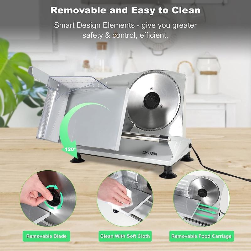 Cortadora de carne eléctrica para el hogar, cortadora de alimentos con cuchillas extraíbles de acero inoxidable de 17 cm (6,7 pulgadas), grosor ajustable de 0 a 15 mm, fácil de limpiar, 150 W, ideal para embutidos, queso, pan y frutas.