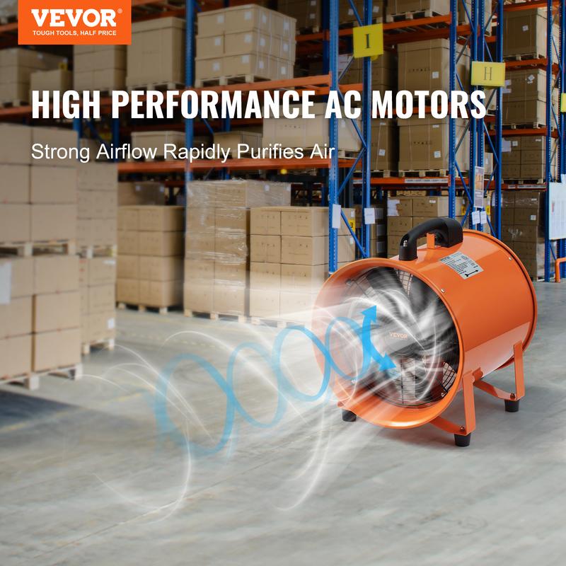 Ventilador portátil, ventilador cilíndrico de alta resistencia de 12 pulgadas con manguera de conducto de 16.4 pies, potente soplador de extracción industrial de 585 W y 3198 CFM, soplador industrial para aspirar polvo y humo en el hogar o el lugar de tra