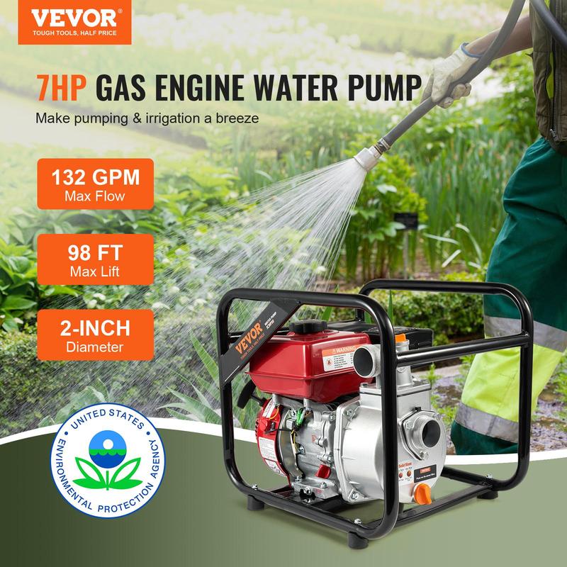 Bomba de lodos de gasolina de alta resistencia, 50 mm (2 pulg.), motor de 4 tiempos y 7 HP, bomba de transferencia de agua de 132 GPM, manguera de salida de 7,62 m (25 pies), elevación máxima de 30 m (98 pies), succión de 8 m (26 pies), impulsor de hierro