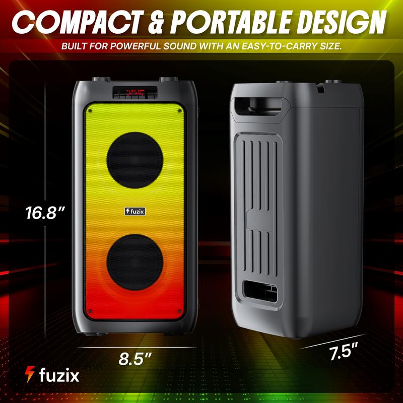 Altavoz portátil Bluetooth Fuzix Pulse de 30 W para fiestas, micrófono inalámbrico para karaoke, luces LED dinámicas, emparejamiento estéreo TWS, radio FM, Bluetooth 5.3, carga USB-C, entrada AUX, tarjeta TF y MicroSD, control remoto, perillas de eco y ec