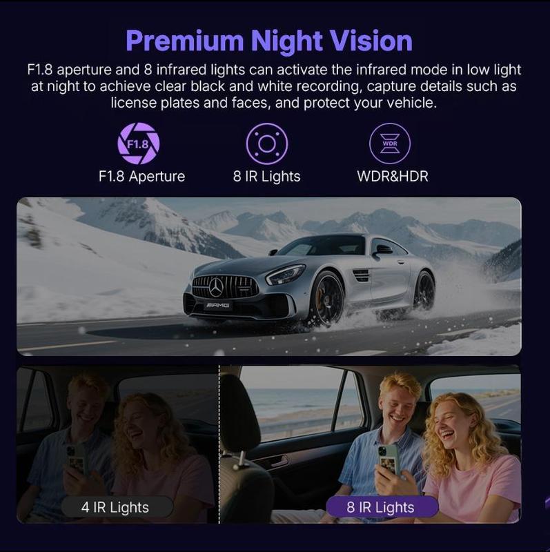 Cámara de salpicadero de 4 canales con visión envolvente de 360°. Incluye cable OBD GRATIS para monitorización de aparcamiento 24/7. Grabación con 4 lentes: frontal, trasera, interior, izquierda y derecha. Pantalla de 3", WiFi integrado, tarjeta de 64 GB.