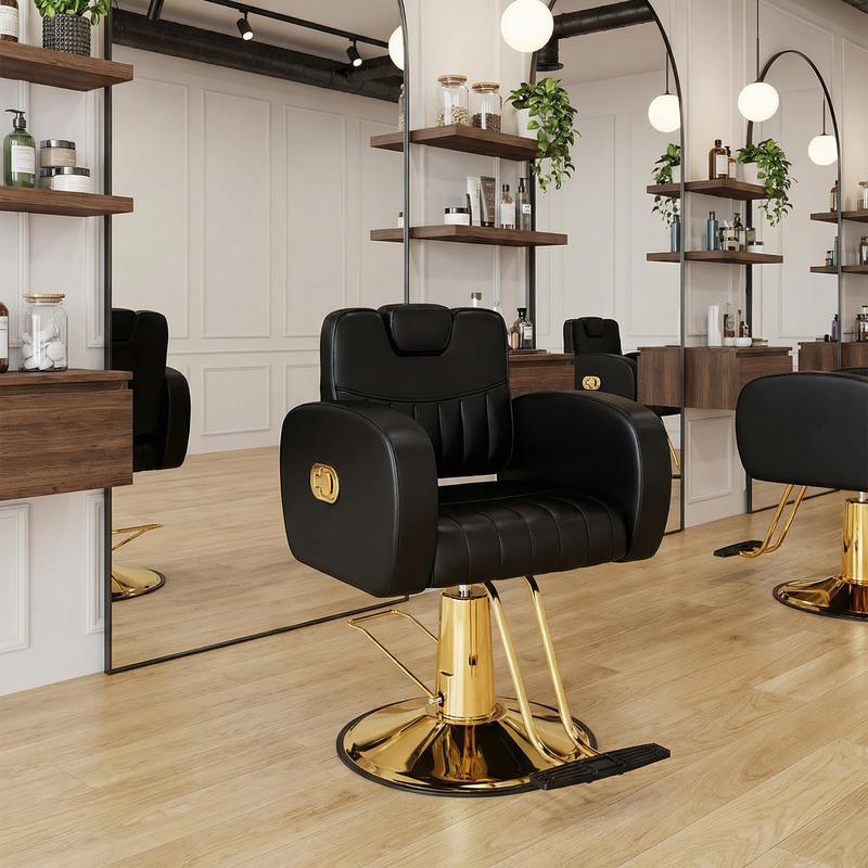 Silla de salón ergonómica dorada con cómodos cojines acolchados, silla de estilista resistente con estructura de acero, elegante silla de peluquería con tapicería de cuero, capacidad de peso de 200 kg (440 lbs).