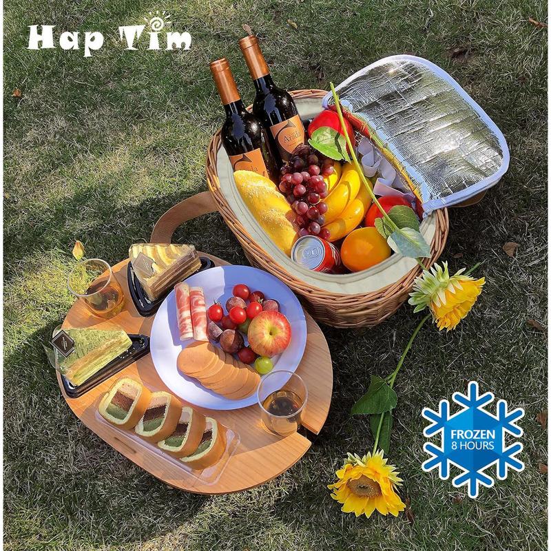 Cesta de picnic de mimbre Hap Tim para 2/4 personas con mesa plegable para vino y juego de cubiertos, bolsa térmica de playa tejida, regalos para parejas, regalos de boda, regalos para el Sr. y la Sra., regalos para despedidas de soltera, lista de bodas #